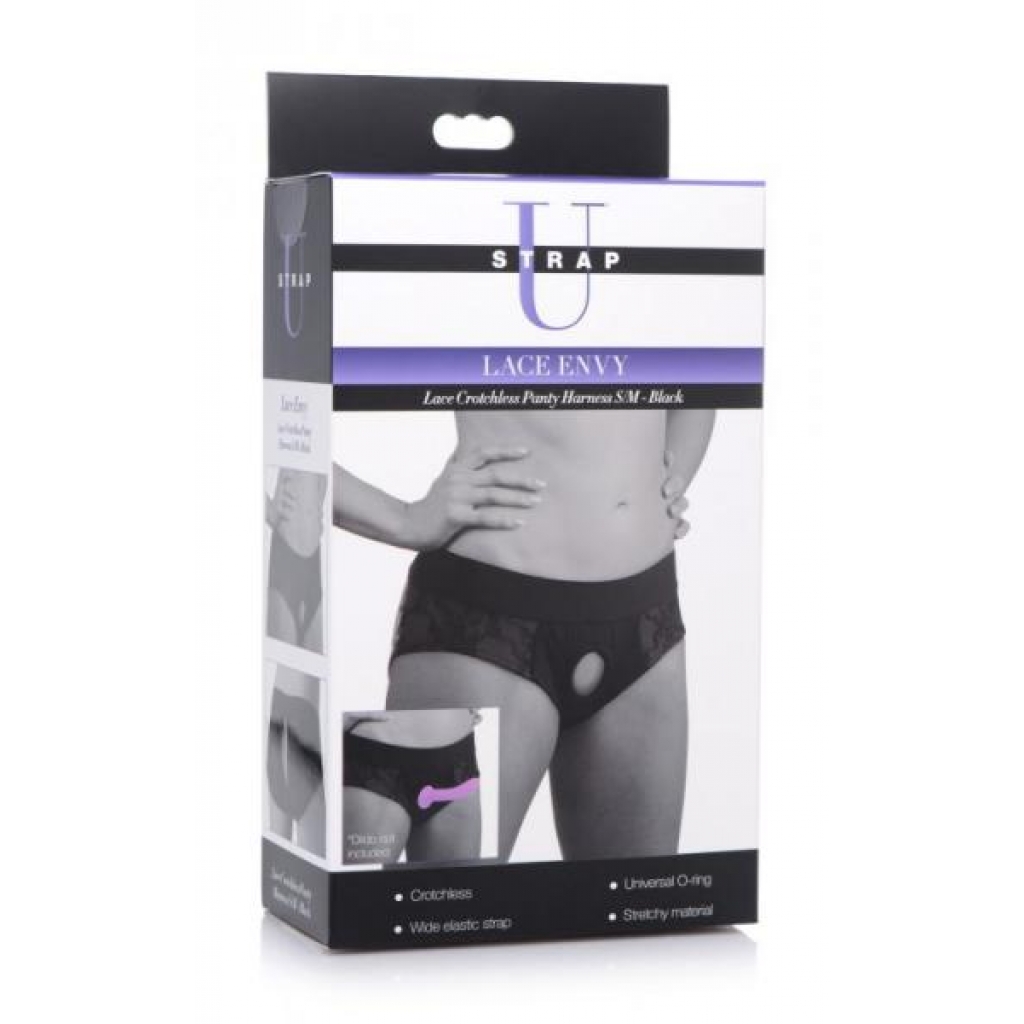 Strap U Lace Envy Crotchless Panty Harness Black S/m - Harnesses