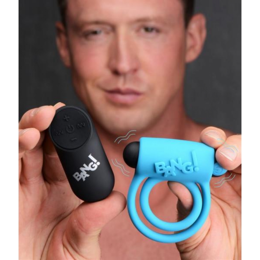 Bang! Silicone Cock Ring & Bullet W/ Remote Blue - Couples Vibrating Penis Rings