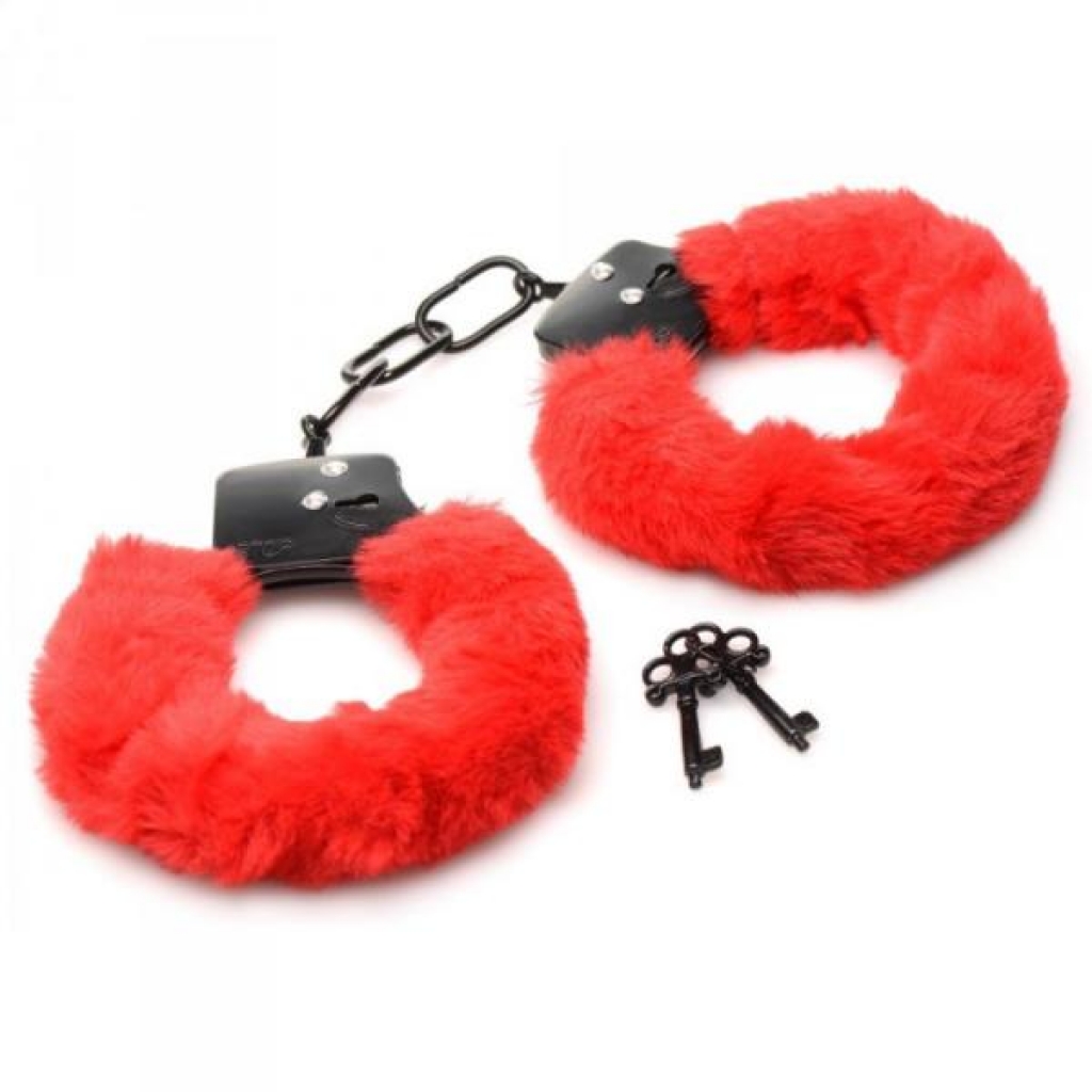 Master Series Cuffed In Fur Furry Handcuffs Red - Handcuffs