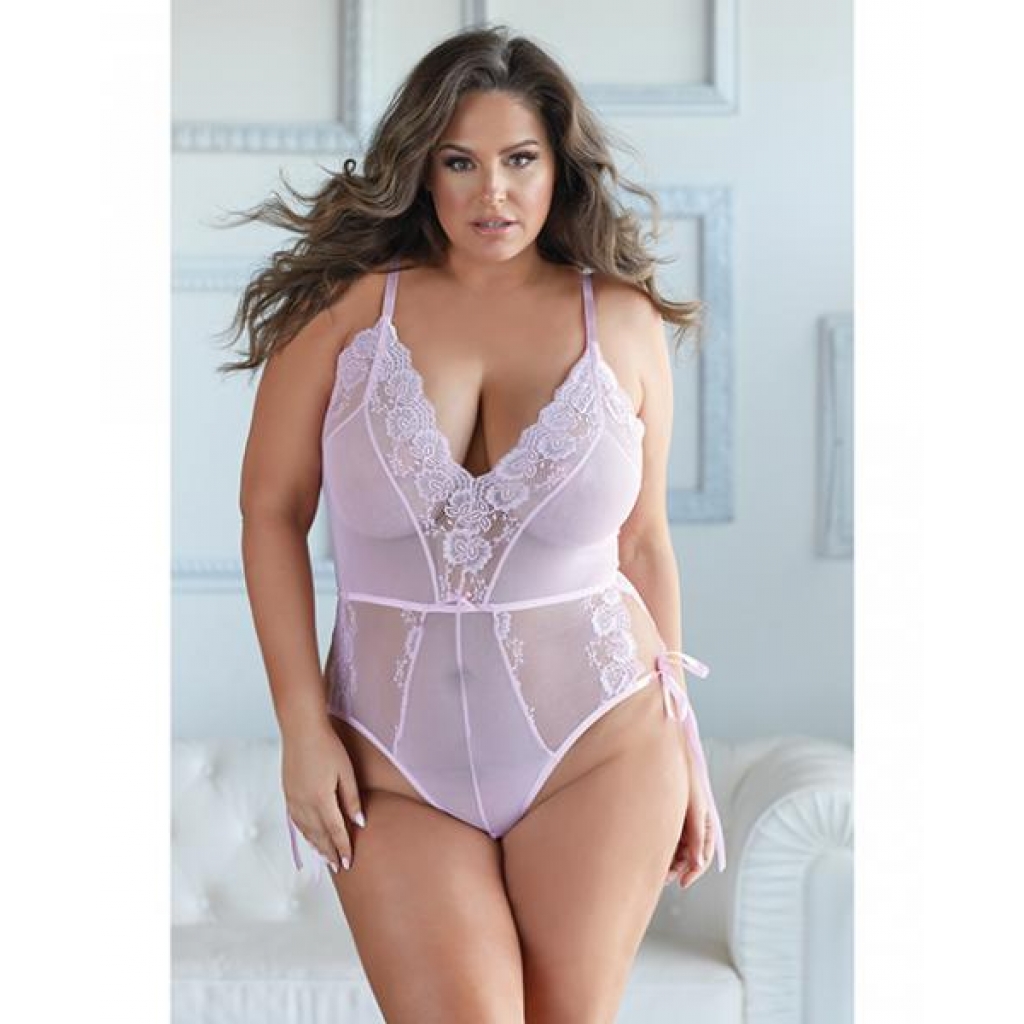 Allure Belle Lace & Mesh Tie Up Romper Pink 1x/2x - Sleep & Lounge