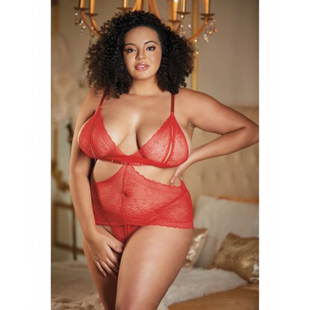 Allure Lace Peek A Boo Chemise & Ouverte G-string Red Qn - Bra Sets