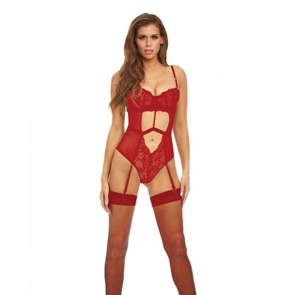 Bombshell Boudoir Strap Overlay Teddy Red Lg - Teddies