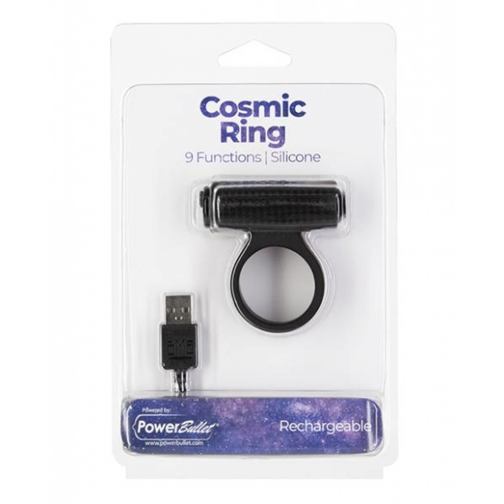 Cosmic Cock Ring W/rechargeable Bullet - 9 Functions Black - Couples Vibrating Penis Rings