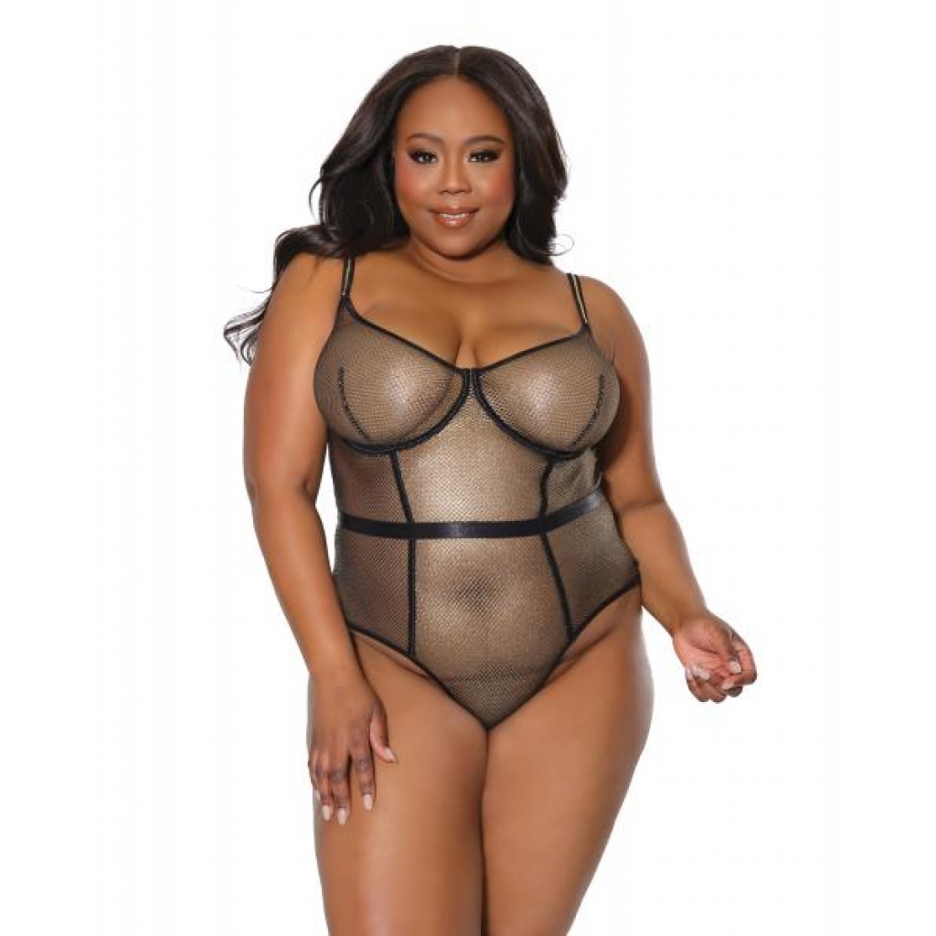 Holiday Metallic Fishnet Teddy - Black/Gold 1X/2X