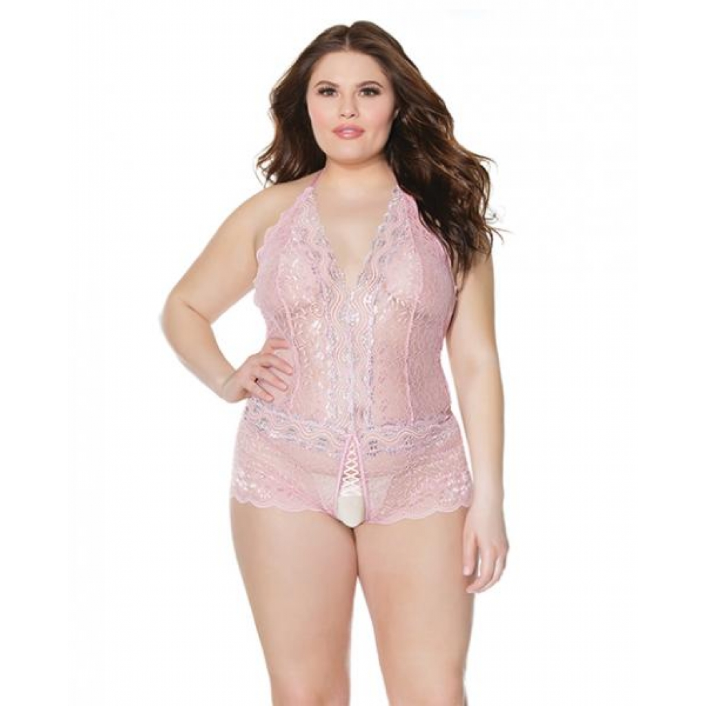 Crystal Pink Halter Crotchless Teddy Pink/silver Os/xl - Teddies