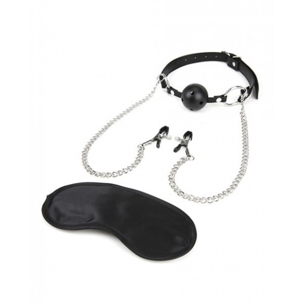 Lux Fetish Breathable Ball Gag Adjustable Nipple Clamps - Ball Gags