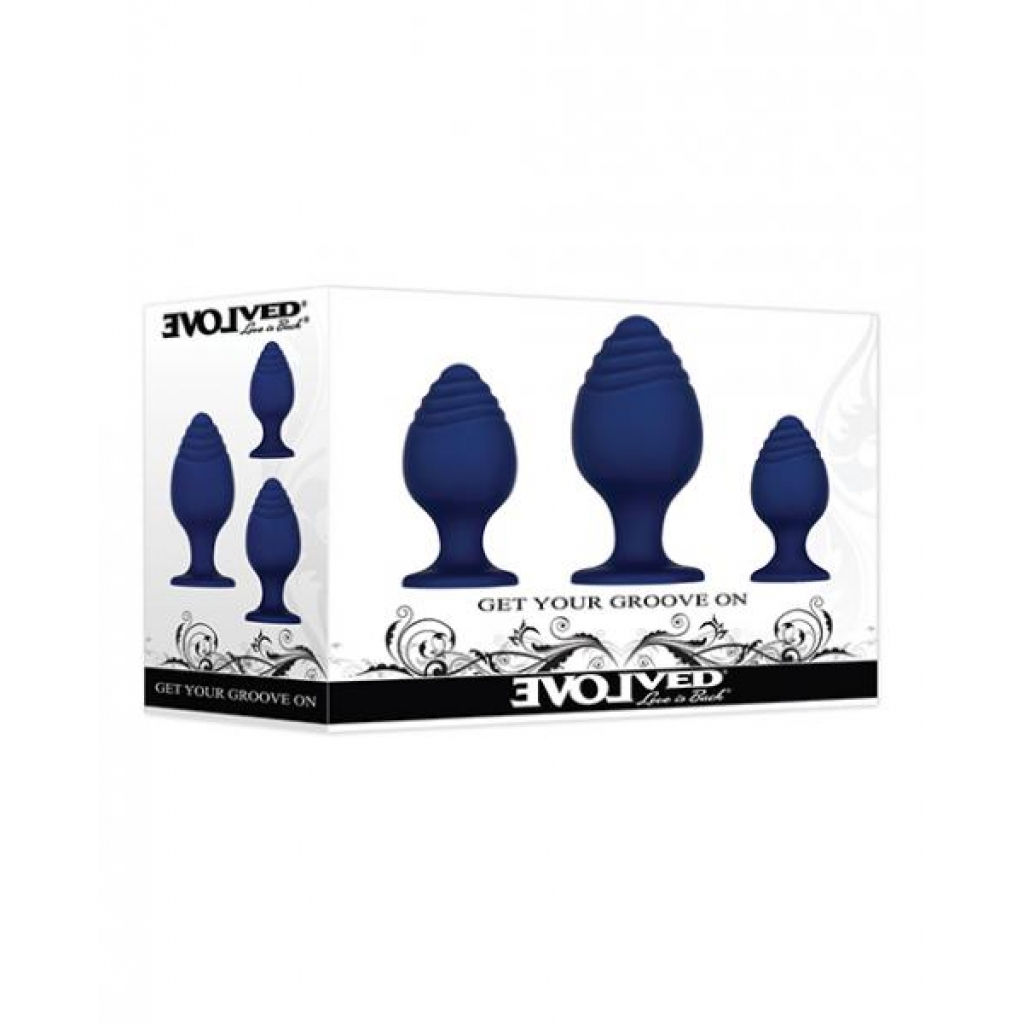 Evolved Get Your Groove On 3 Pc Silicone Anal Plug Set - Blue - Anal Trainer Kits