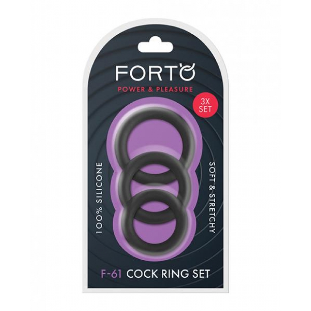 Forto F-61 Liquid 3 Piece Cock Ring Set - Black - Cock Ring Trios