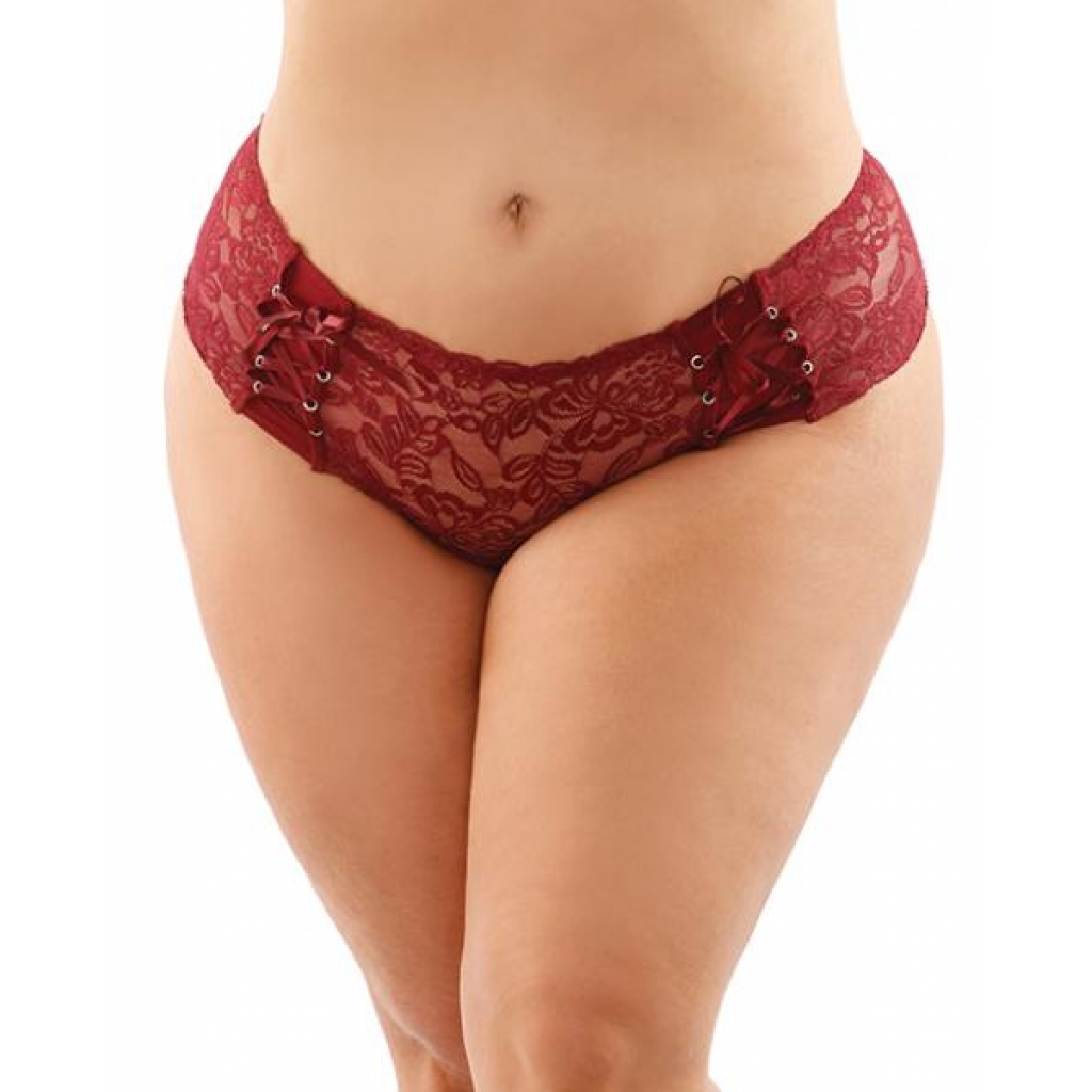 Bottoms Up Magnolia Stretch Lace Crotchless Panty W/ribbon Lace Up Front Garnet Qn - Babydolls & Slips