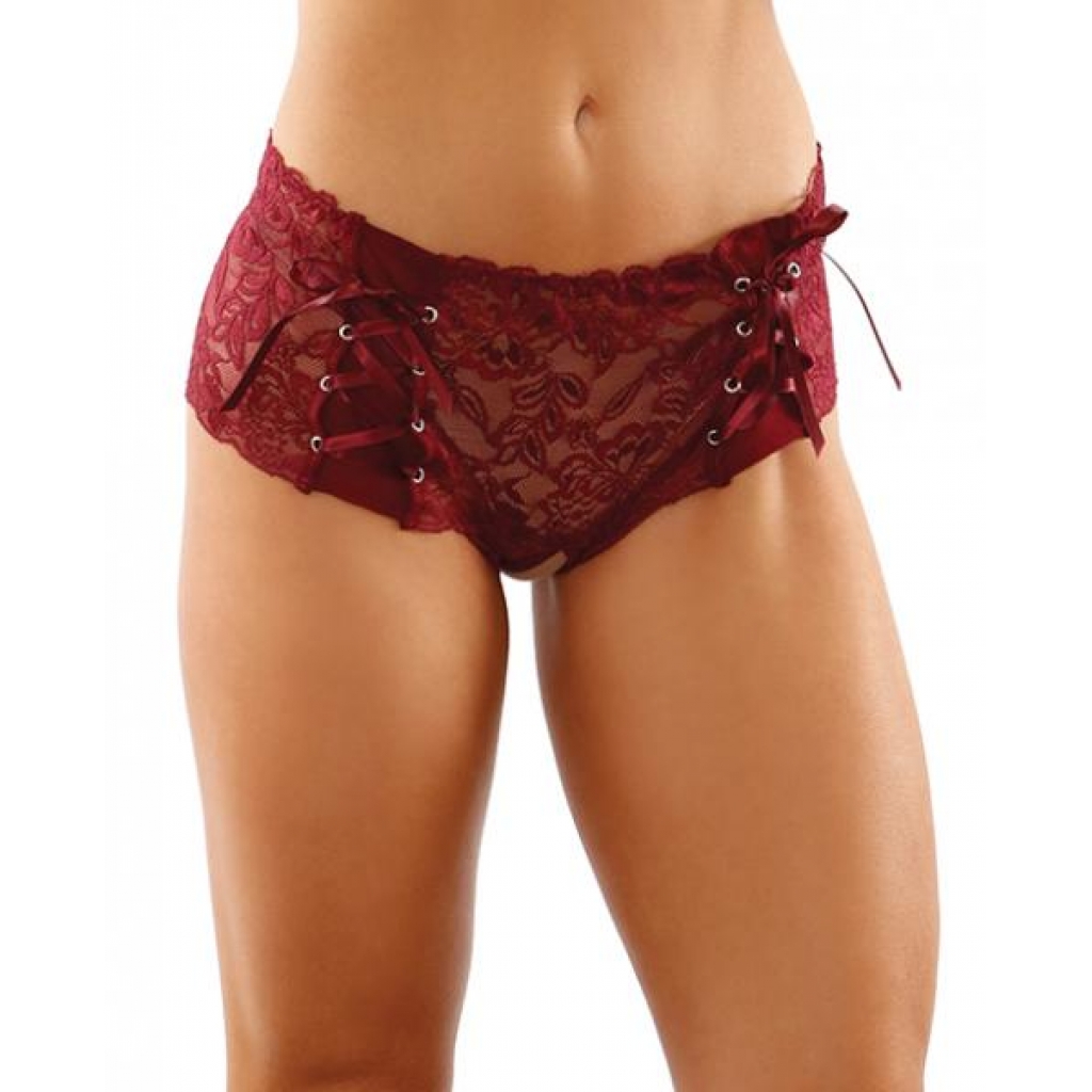 Bottoms Up Magnolia Stretch Lace Crotchless Panty W/ribbon Lace Up Front Garnet S/m - Babydolls & Slips