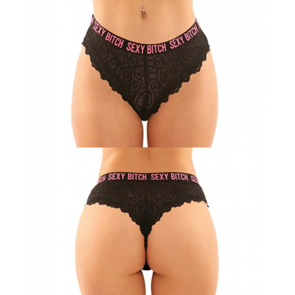 Vibes Buddy Sexy Bitch Lace Panty & Micro Thong Black/pnk L/xl - Babydolls & Slips