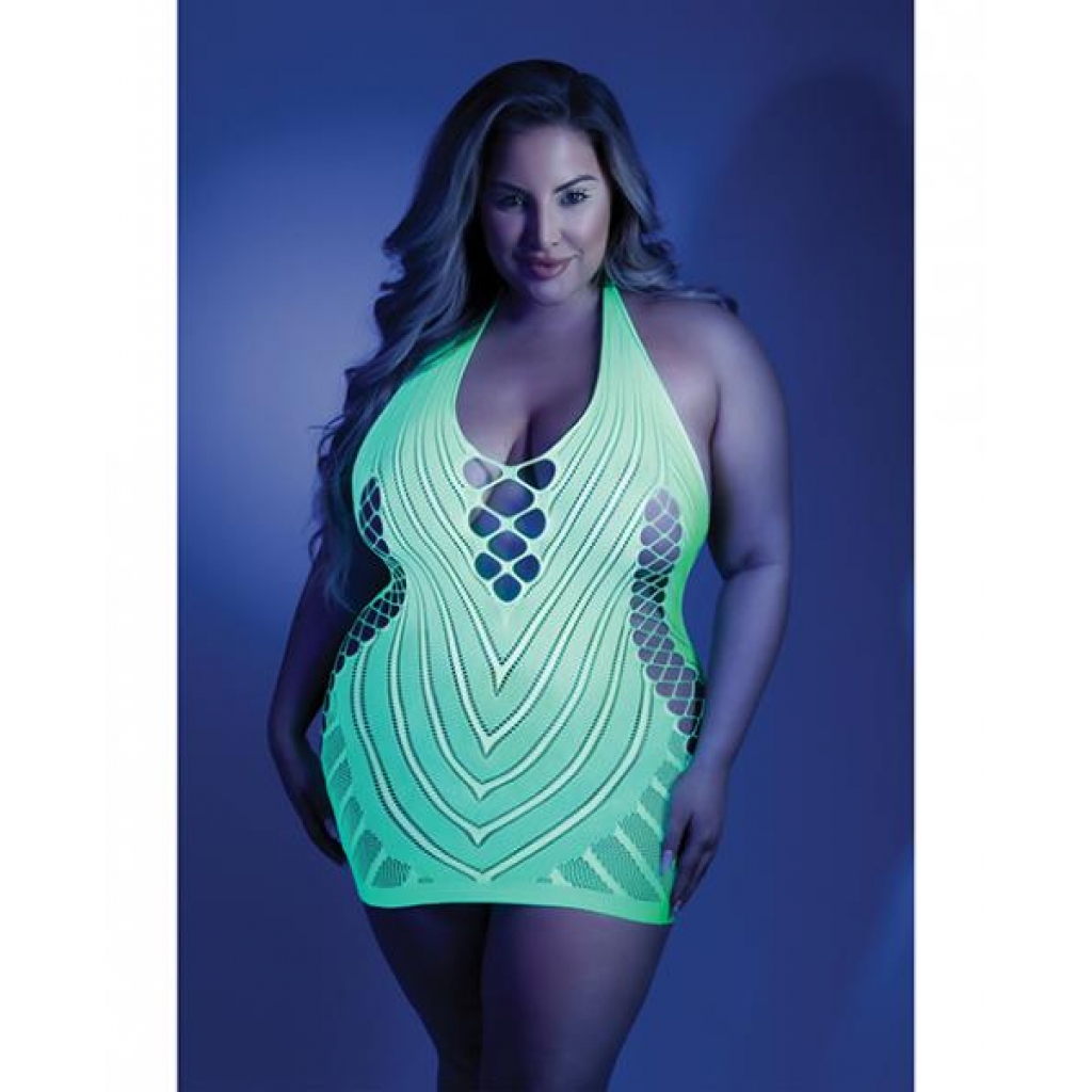 Glow Black Light Net Halter Dress Neon Green Qn - Dresses