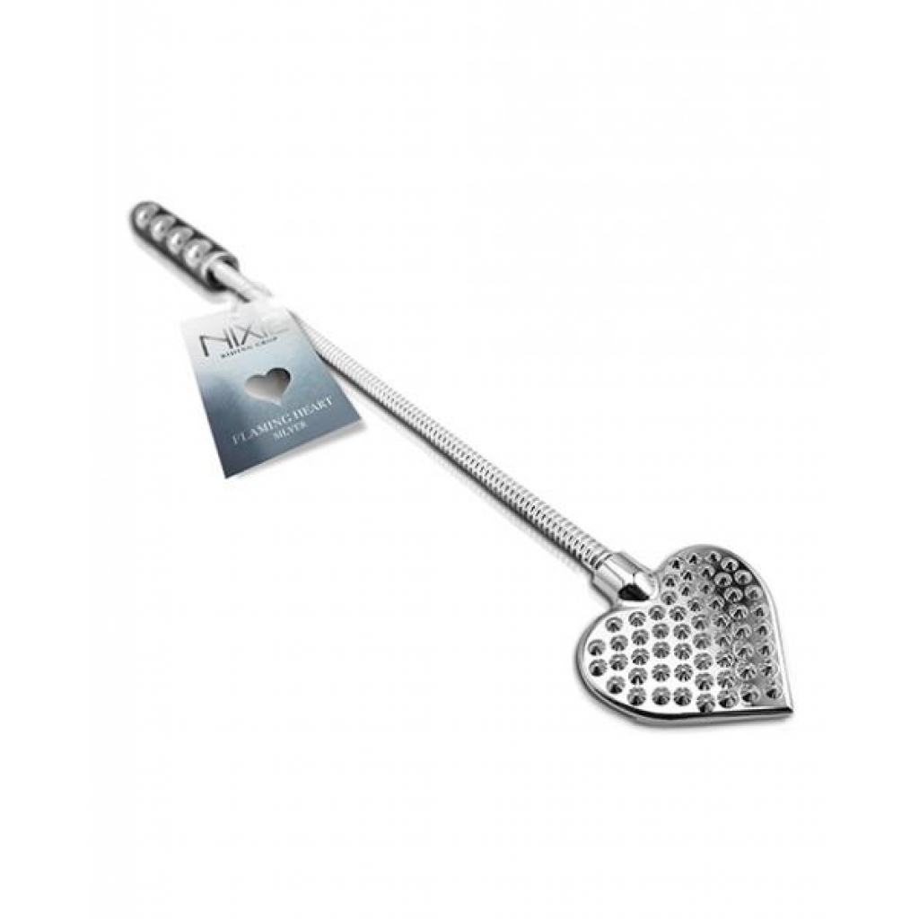 Nixie Flaming Heart Riding Crop - Silver - Crops