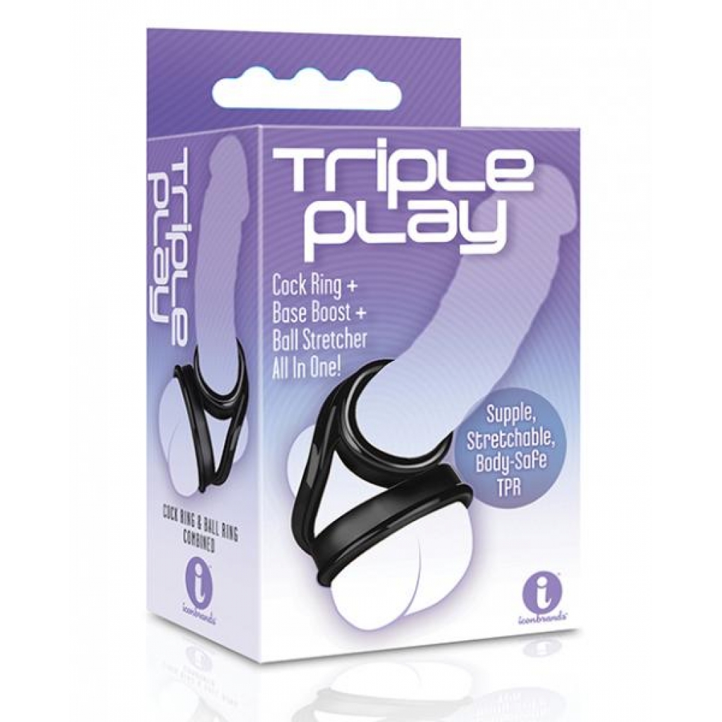 Triple Play Cock Ring, Base Boost, Ball Stretcher Black - Mens Cock & Ball Gear