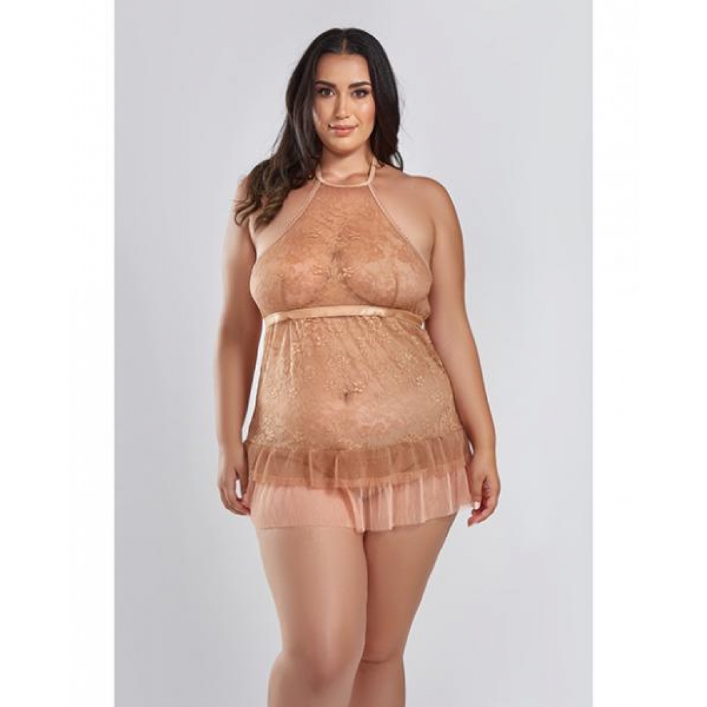 Amber Halter Lace Babydoll W/tiered Pleated Mesh Skirt Hem & G-string Brown 1x - Babydolls & Slips