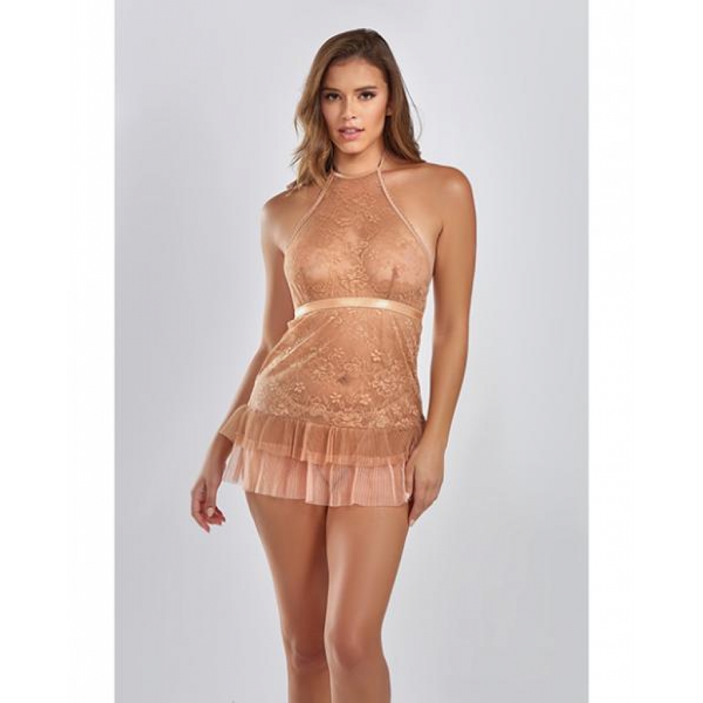 Amber Halter Lace Babydoll W/tiered Pleated Mesh Skirt Hem & G-string Brown Lg - Babydolls & Slips