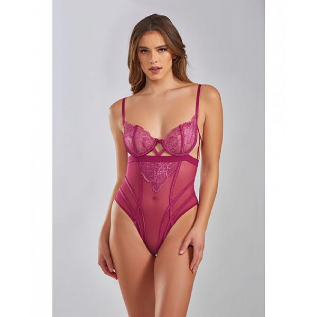 Quinn Cross Dyed Galloon Lace & Mesh Teddy Wine Lg - Teddies