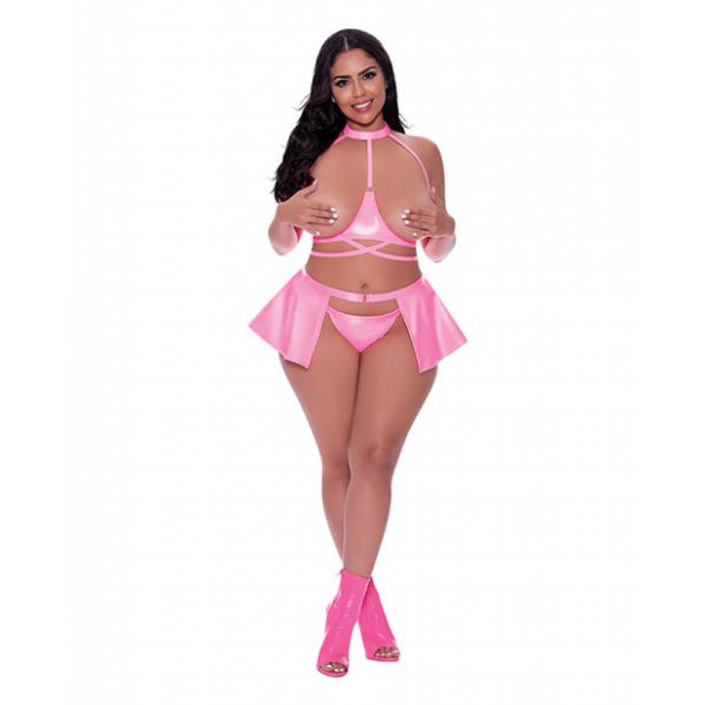 Club Candy Halter Open Cup Bra, Skirt & Thong Pink Qn - Bra Sets