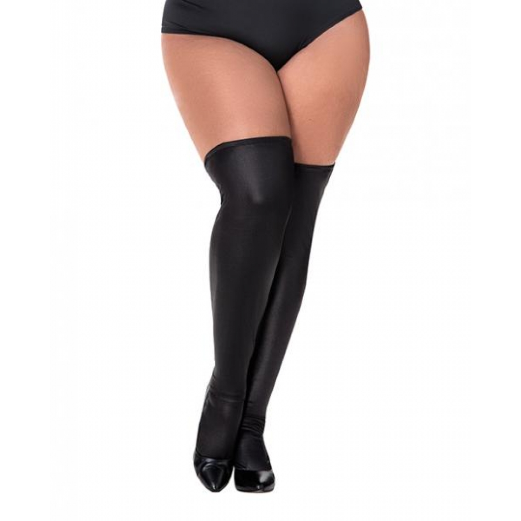 Wet Look Thigh Highs Black Qn - Bodystockings, Pantyhose & Garters