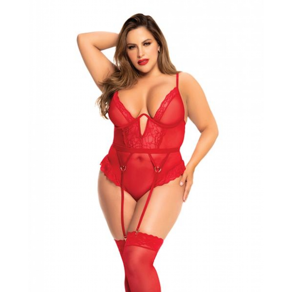 Heart Lace Underwire Bodysuit Red 1x/2x - Bodystockings, Pantyhose & Garters