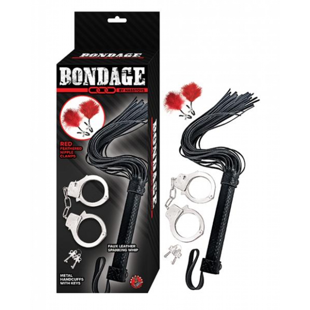 Bondage By Nasstoys Whip & Cuff Set - Red - BDSM Kits