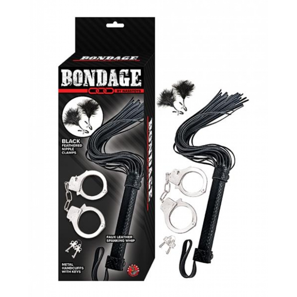 Bondage By Nasstoys Whip & Cuff Set - Black - BDSM Kits