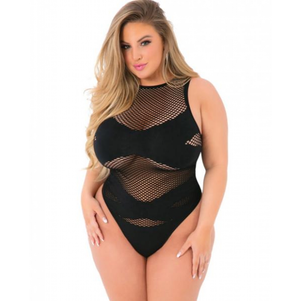 Pink Lipstick Criss Cross Fishnet Bodysuit Black Qn - Teddies