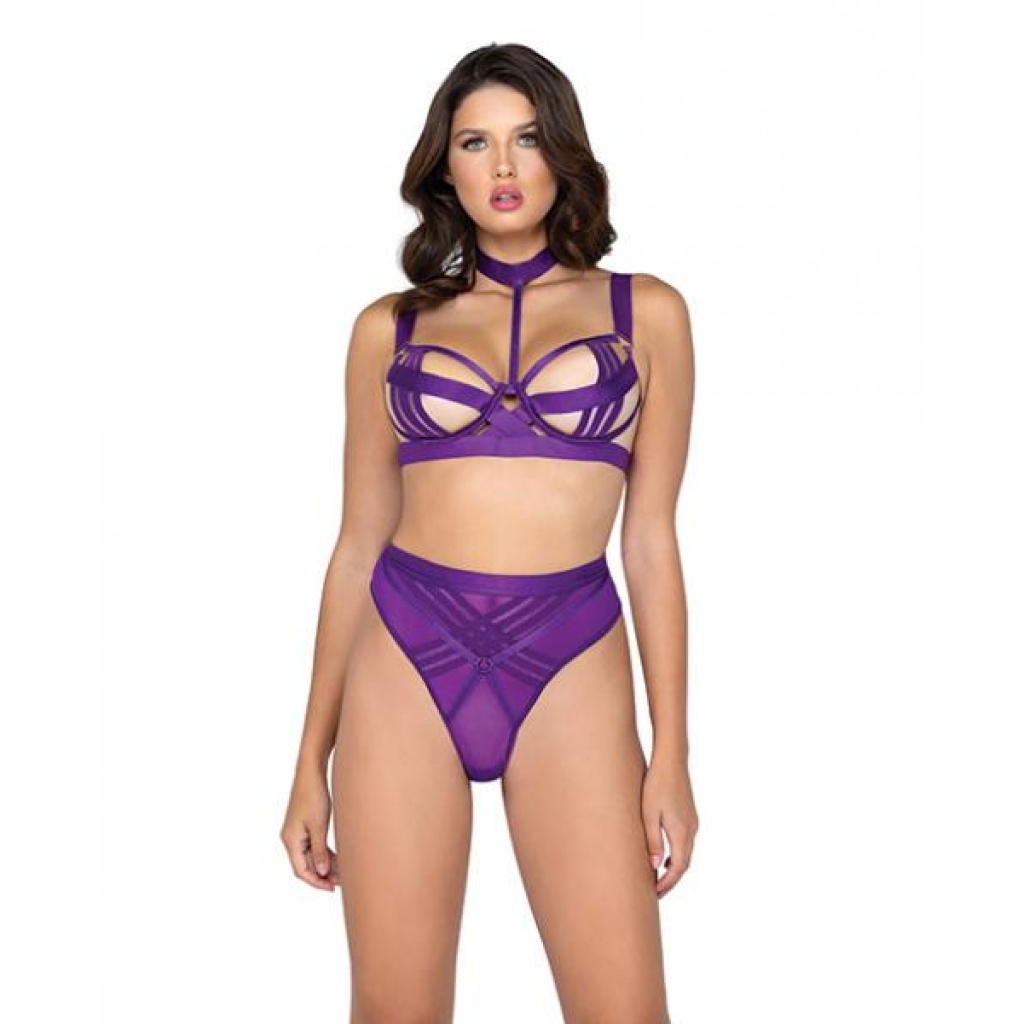 Bondage Stripe Demi Cup Underwire Bra & Panty Purple Md - Bra Sets