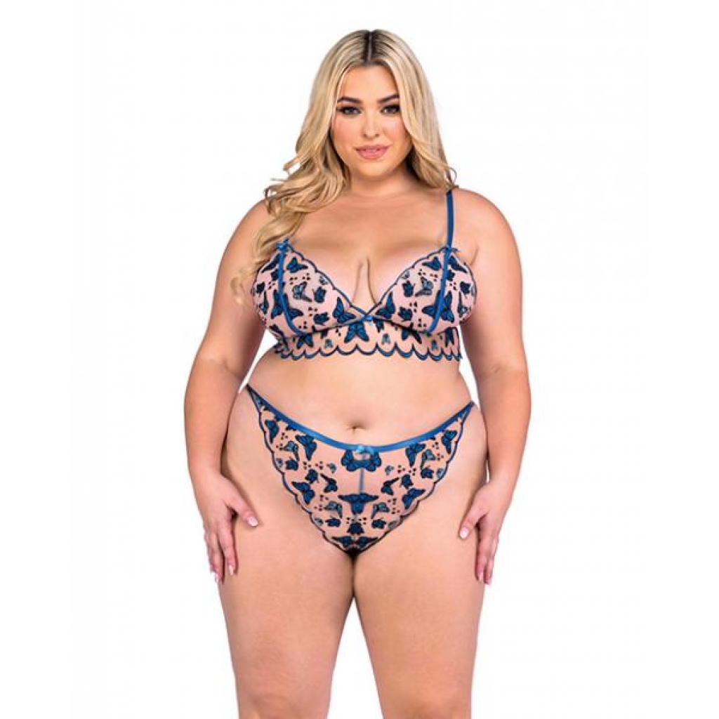 Butterfly Beauty Embroidered Bralette & Panty - Blue 1x - Bra Sets