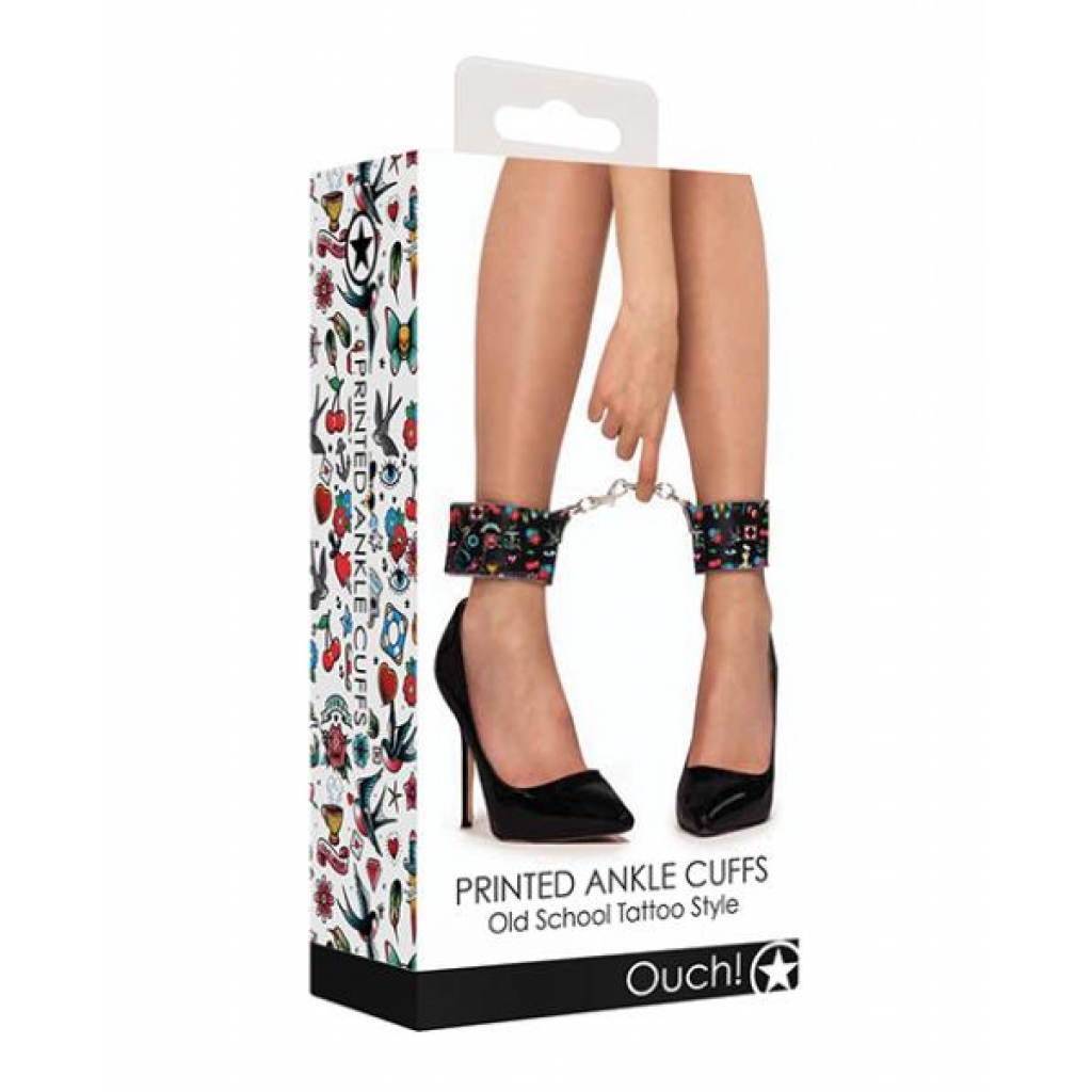 Shots Ouch Old School Tattoo Style Printed Ankle Cuffs- Black - Handcuffs