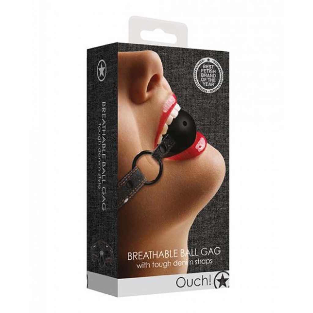 Shots Ouch Breathable Ball Gag W/denim Straps - Black - Ball Gags