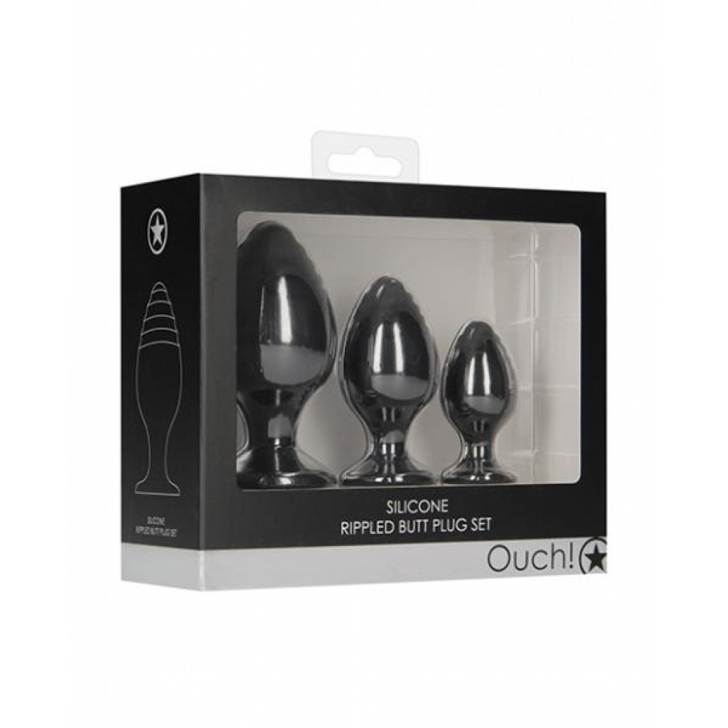 Shots Ouch Rippled Butt Plug Set - Black - Anal Trainer Kits