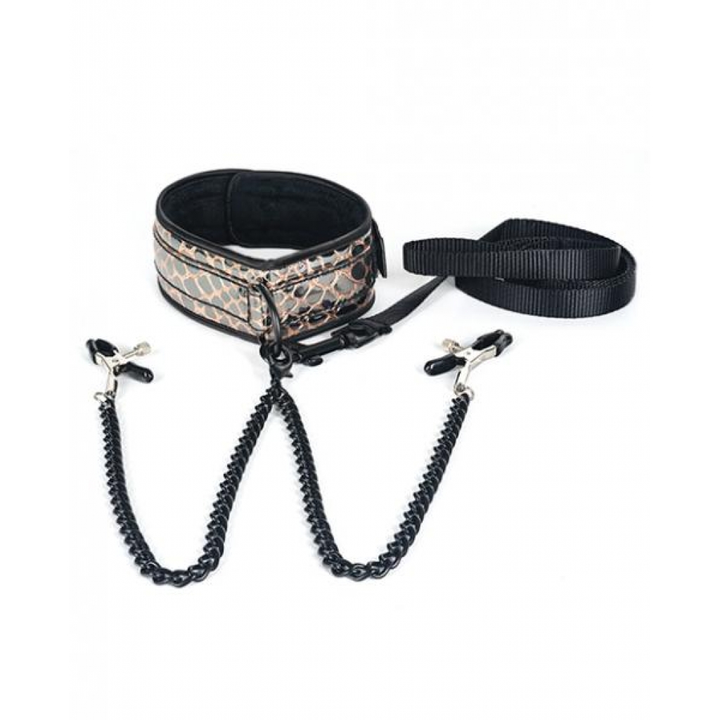 Spartacus Faux Leather Collar & Leash with Nipple Clamps - Black