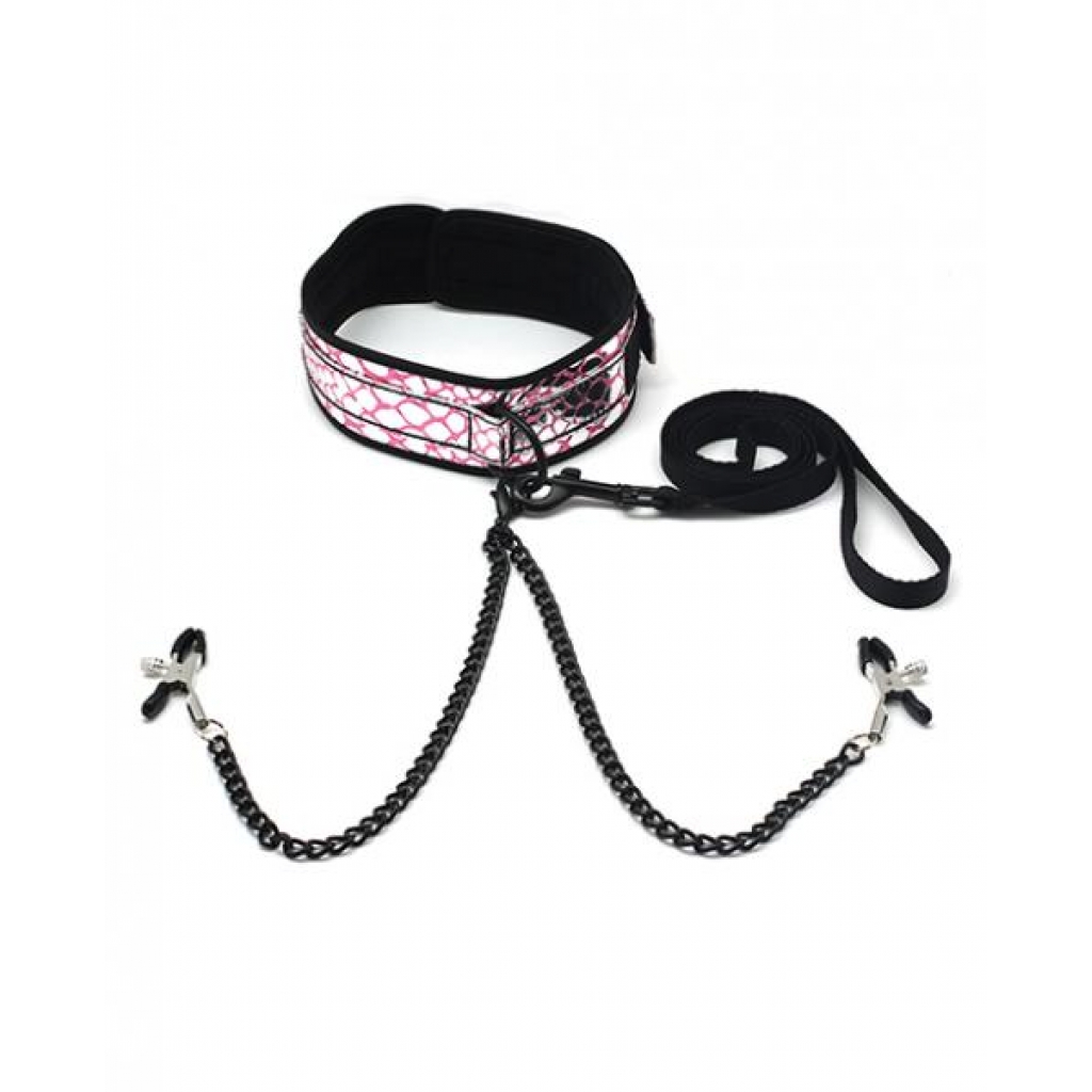 Spartacus Faux Leather Collar, Leash Black Nipple Clamps Pink - Collars & Leashes