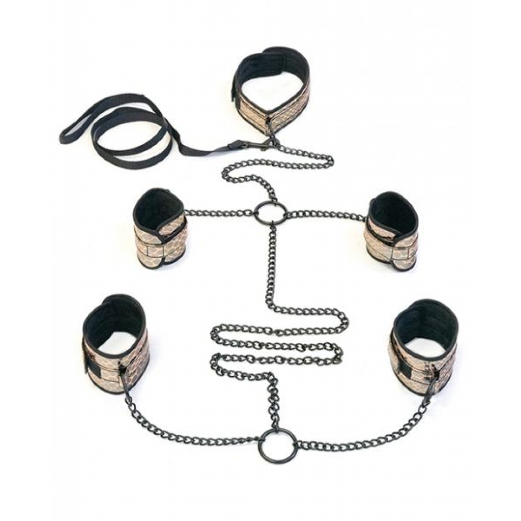 Faux Leather Collar, Wrist, Ankle Restraints & Leash Bondage Kit Gold - BDSM Kits