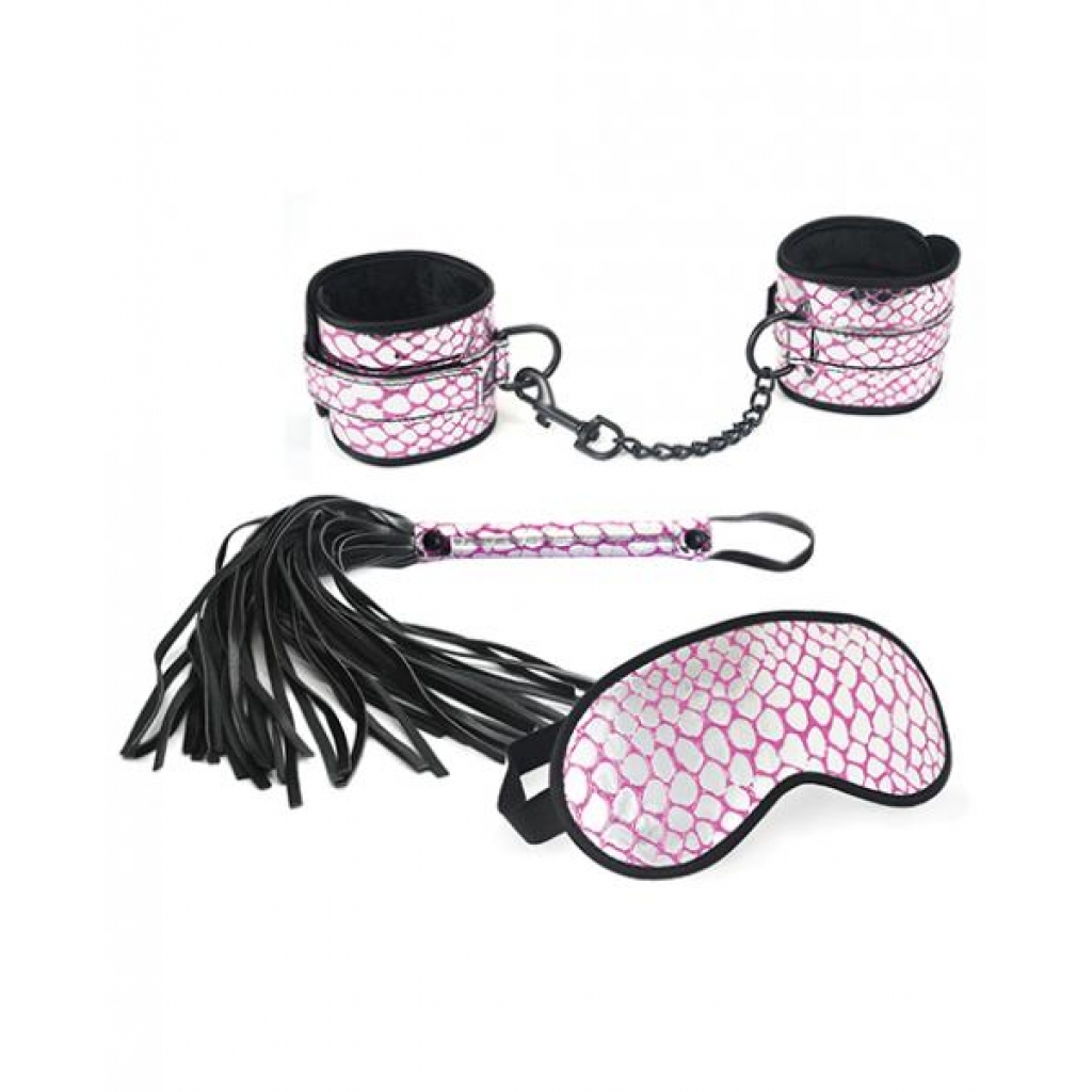 Spartacus Faux Leather Wrist Restraints Blindfold & Flogger Bondage Kit - Pink - Handcuffs