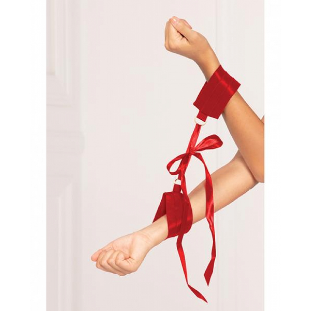 Satin Elastic Cuffs with D-Ring & Satin Tie - Red