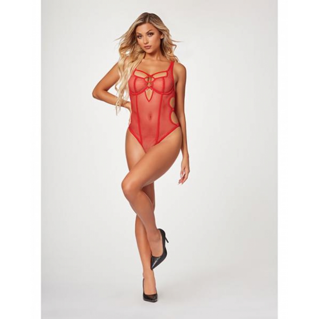 Fishnet Strappy High Cut Leg Teddy Red Lg - Teddies