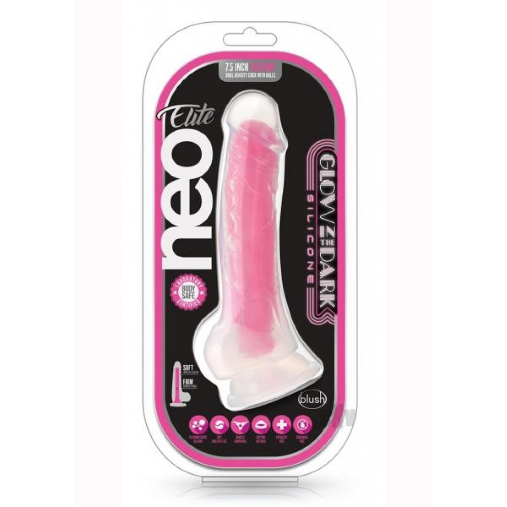 Neo Elite Gitd Dd Cock W/balls 7.5 Pnk - Realistic Dildos & Dongs