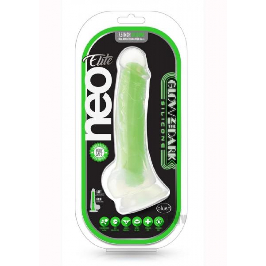 Neo Elite Gitd Dd Cock W/balls 7.5 Grn - Realistic Dildos & Dongs