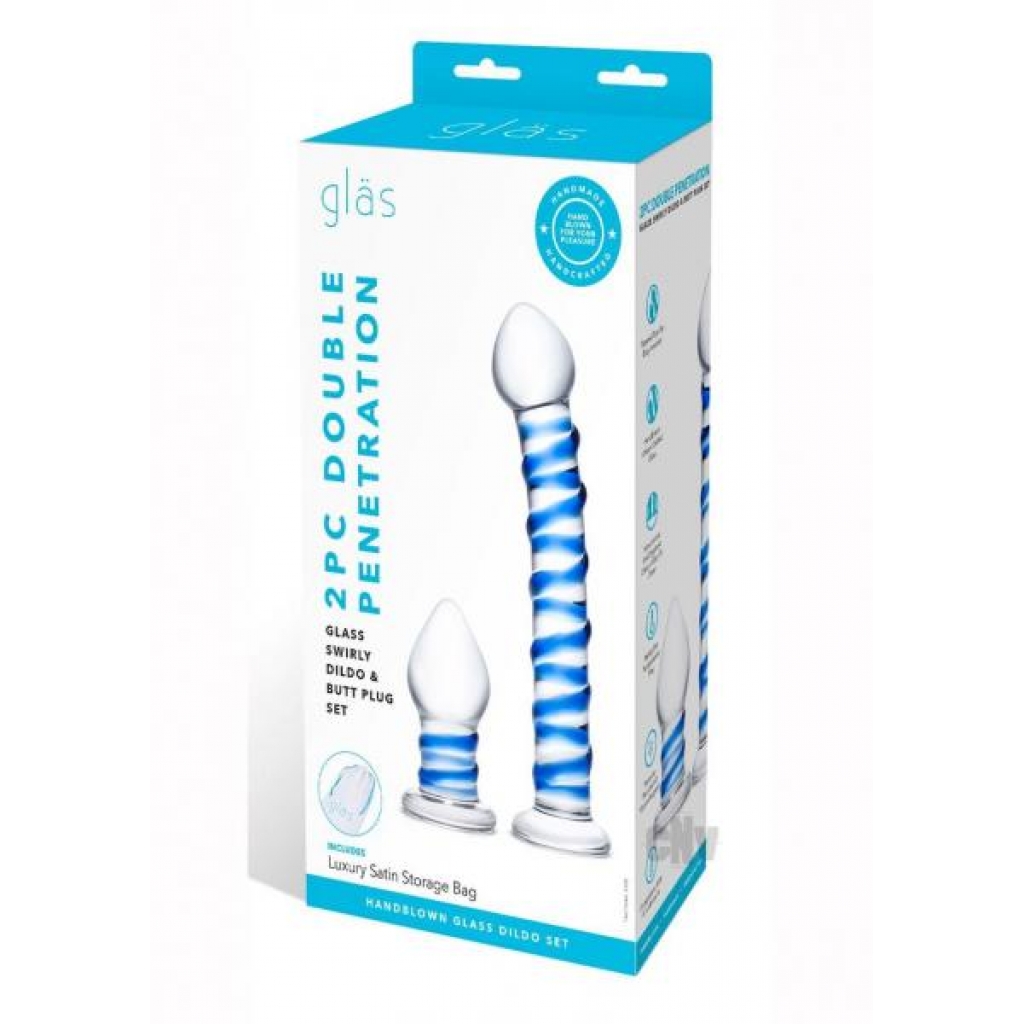 Swirly Dildo And Buttplug Set Clear/blue - Anal Plugs