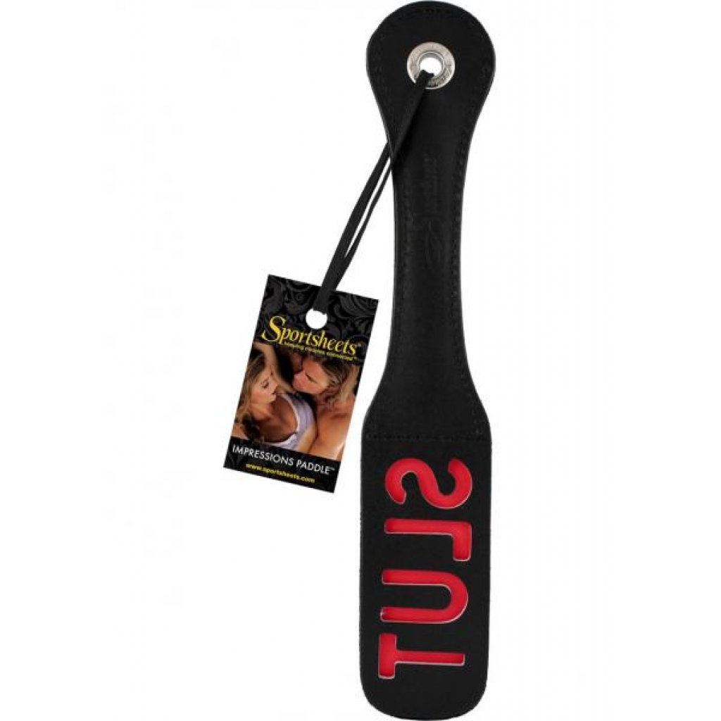 Leather Impression Paddle Slut 12 Inch Black - Paddles