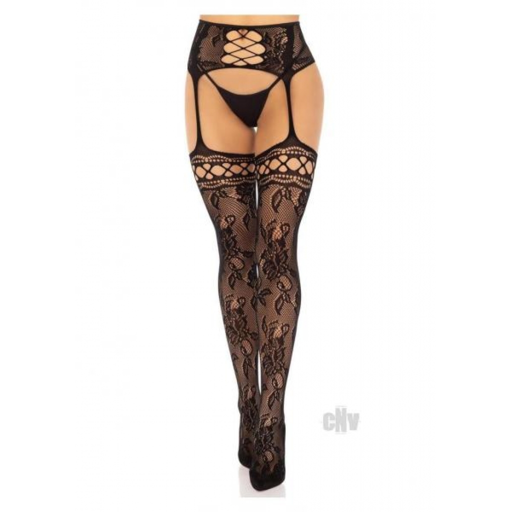 French Rose Lace Stocking/garterbelt Blk - Bodystockings, Pantyhose & Garters