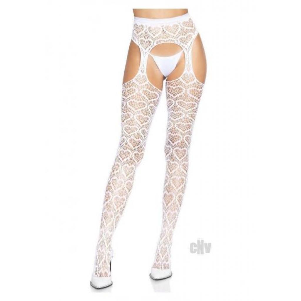 Heart Net Suspender Hose Os White - Bodystockings, Pantyhose & Garters