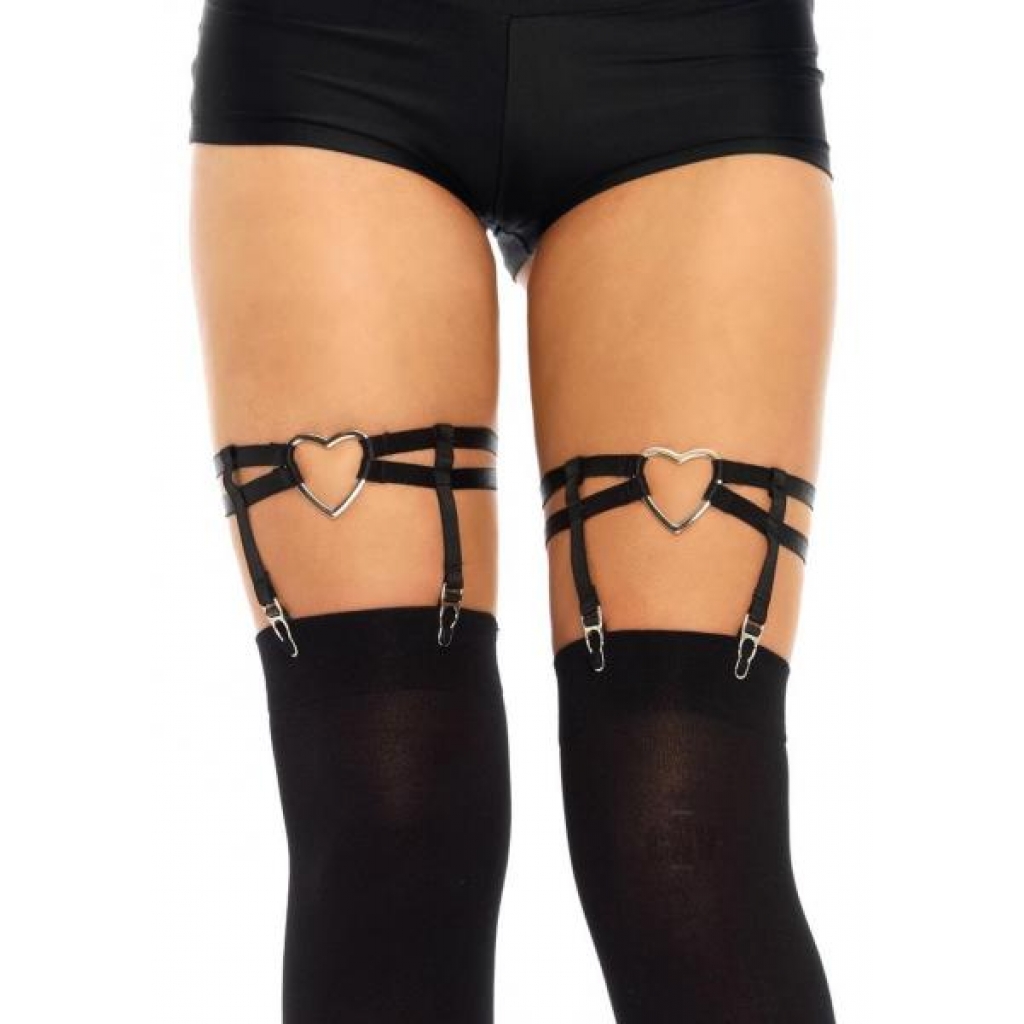 Dual Strap Garter Suspender Heart Black - Bodystockings, Pantyhose & Garters