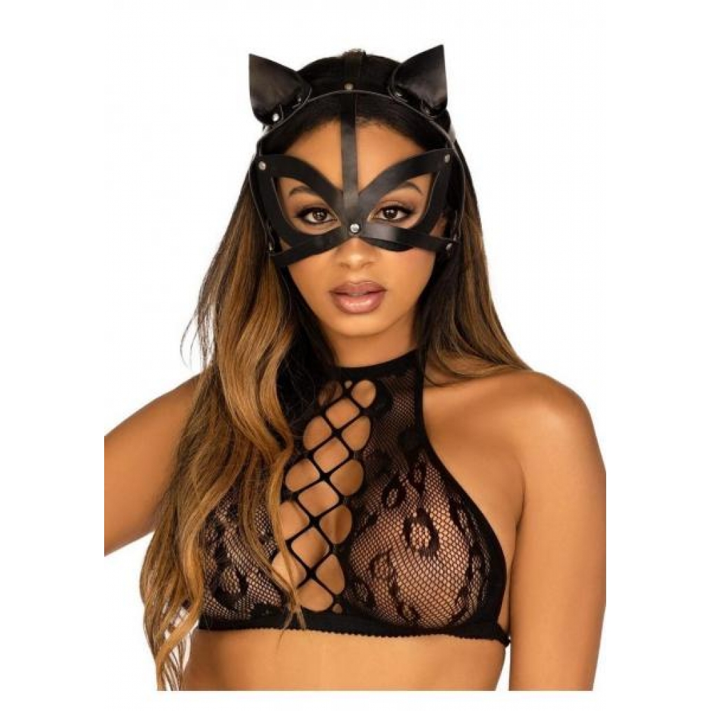 Vegan Leather Studded Cat Mask - Black