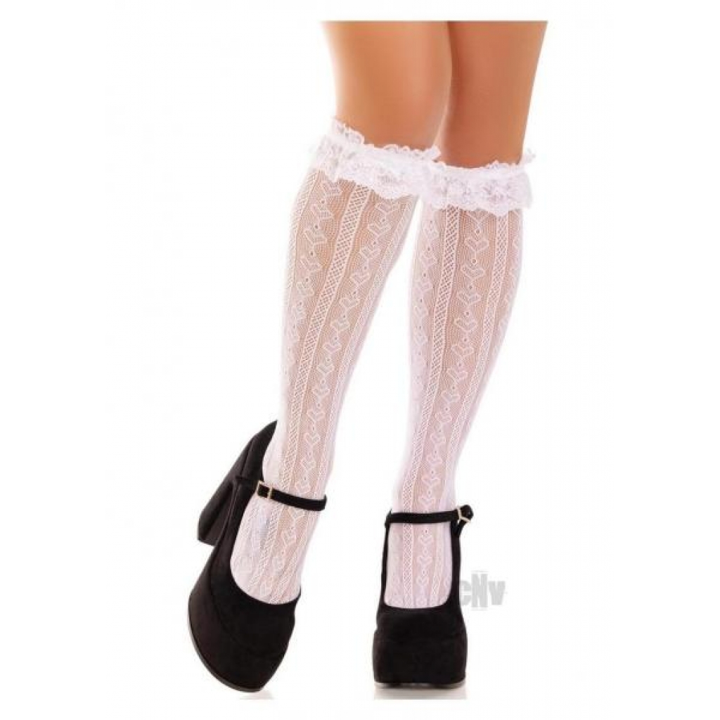 Sweetheart Knit Knee High Ruffle Os Wht - Bodystockings, Pantyhose & Garters