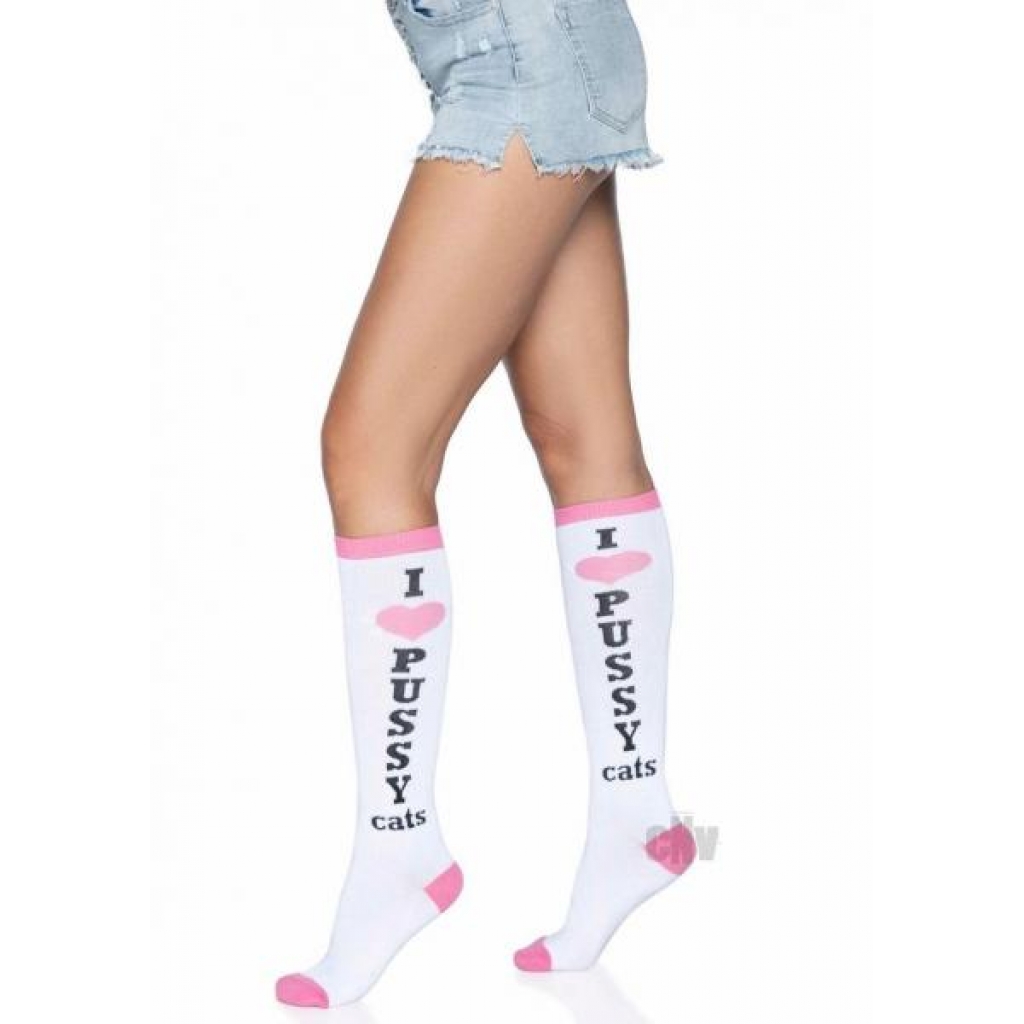 Pussycat Knee Highs Os White/pink - Bodystockings, Pantyhose & Garters