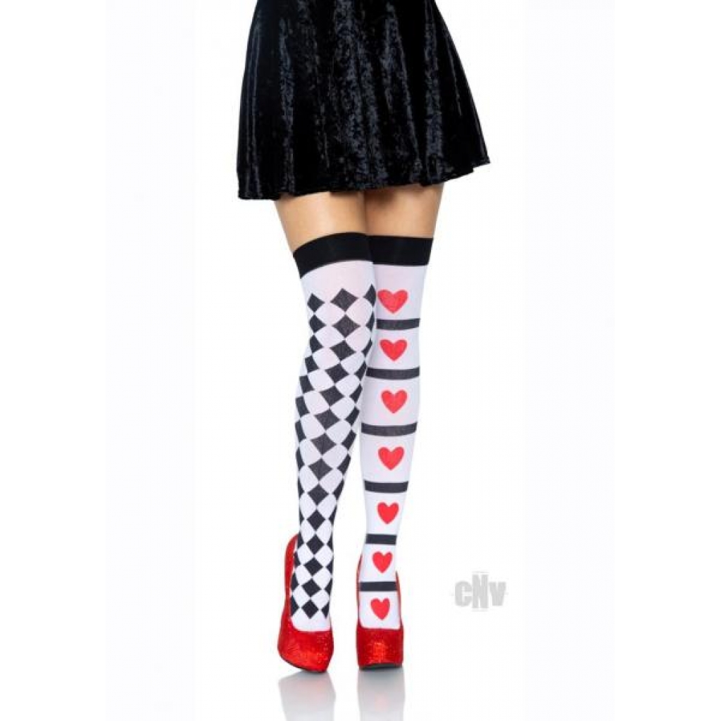 Harlequin Heart Thigh High OS Wht/Red