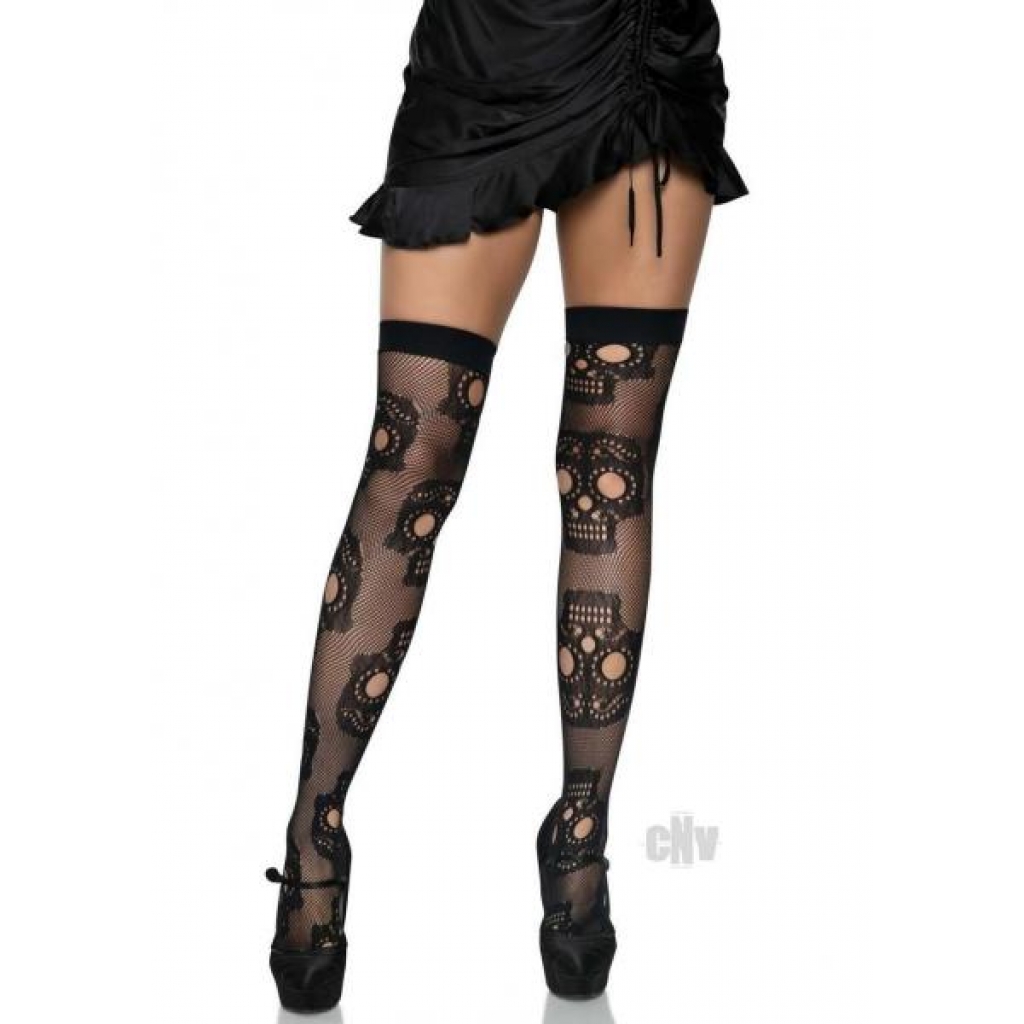 Sugar Skull Net Thigh Highs Os Black - Bodystockings, Pantyhose & Garters